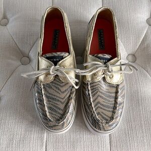 Sperry top-sider boat shoe in Bahama Gold metallic leather & Brown Zebra sequins